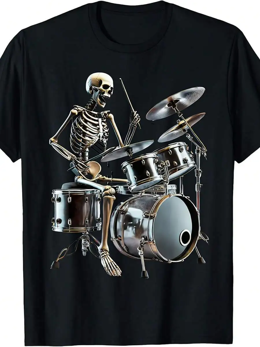Men's Graphic Print Crew Neck T-Shirt, Vintage Gothic Rocker Skeleton Drummer Graphic T-Shirt For Men And Women - Heavyweight Sk
