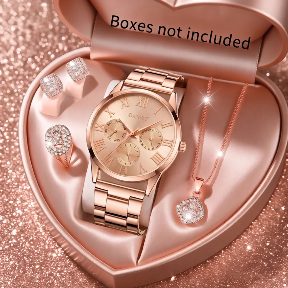 5Pcs/Set Unisex Jewelry Watches Women's Wristwatch Accessories Rose Gold Trendy Fashion Elegant Classic Exquisite Retro Light Luxury Rhinestone Luxury Quartz Watch Set Y2K Suitable for Travel, Parties, Daily Outfits, Perfect Holiday Gift