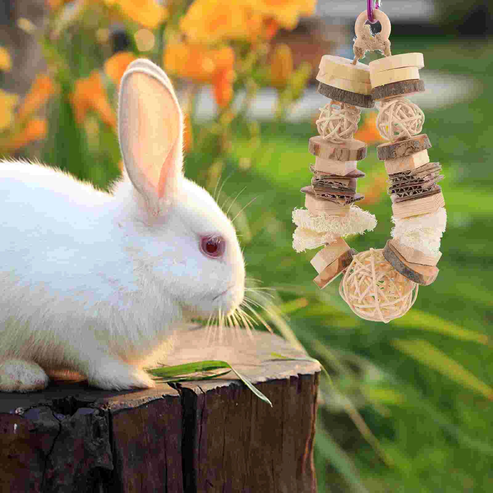 Tali gantung kayu mainan Chinchilla kelinci mengunyah makanan ringan kelinci Hamster burung beo