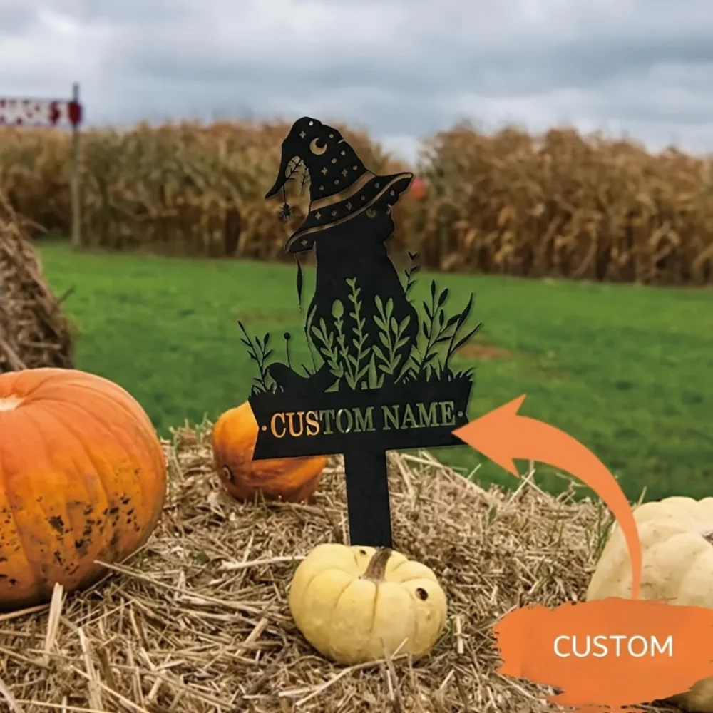 Charming Personalized Witch Cat Garden Stake with Hat Tailorable Metal Yard Sign Perfect for Halloween and Outdoor Ambiance