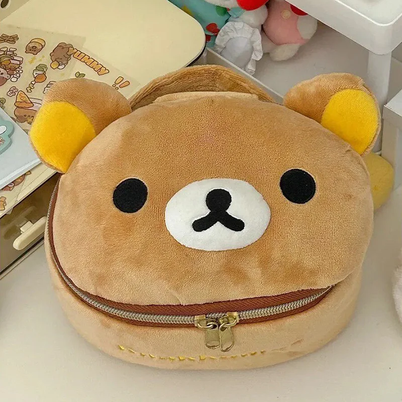 

Cute Cartoon Rilakkuma Bear Cosmetic Bag Girls Plush Makeup Storage Bag Anime Portable Elliptical Stereoscopic Storage Case Gift