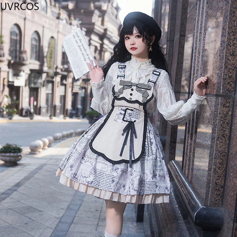 Victorian Gothic Lolita Jsk Dress Women Harajuku Y2k Stripe Bow Print Strap Dresses Punk Style Removable Apron Tea Party Dresses