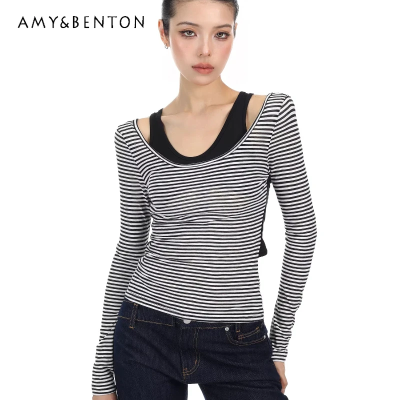 

Striped Fake Two-piece Fashion Simple Striped Women's Bottoming Shirt 2026 Spring Casual Versatile Long-sleeved T-shirt Ladies