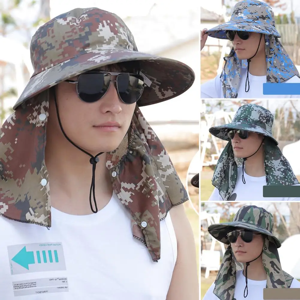 Fishing Hat With Mask Summer Sun Protection Wide Brim Cap Sun Women Mountaineering Hunting Hiking Breathable Men Camouflage R4Z5