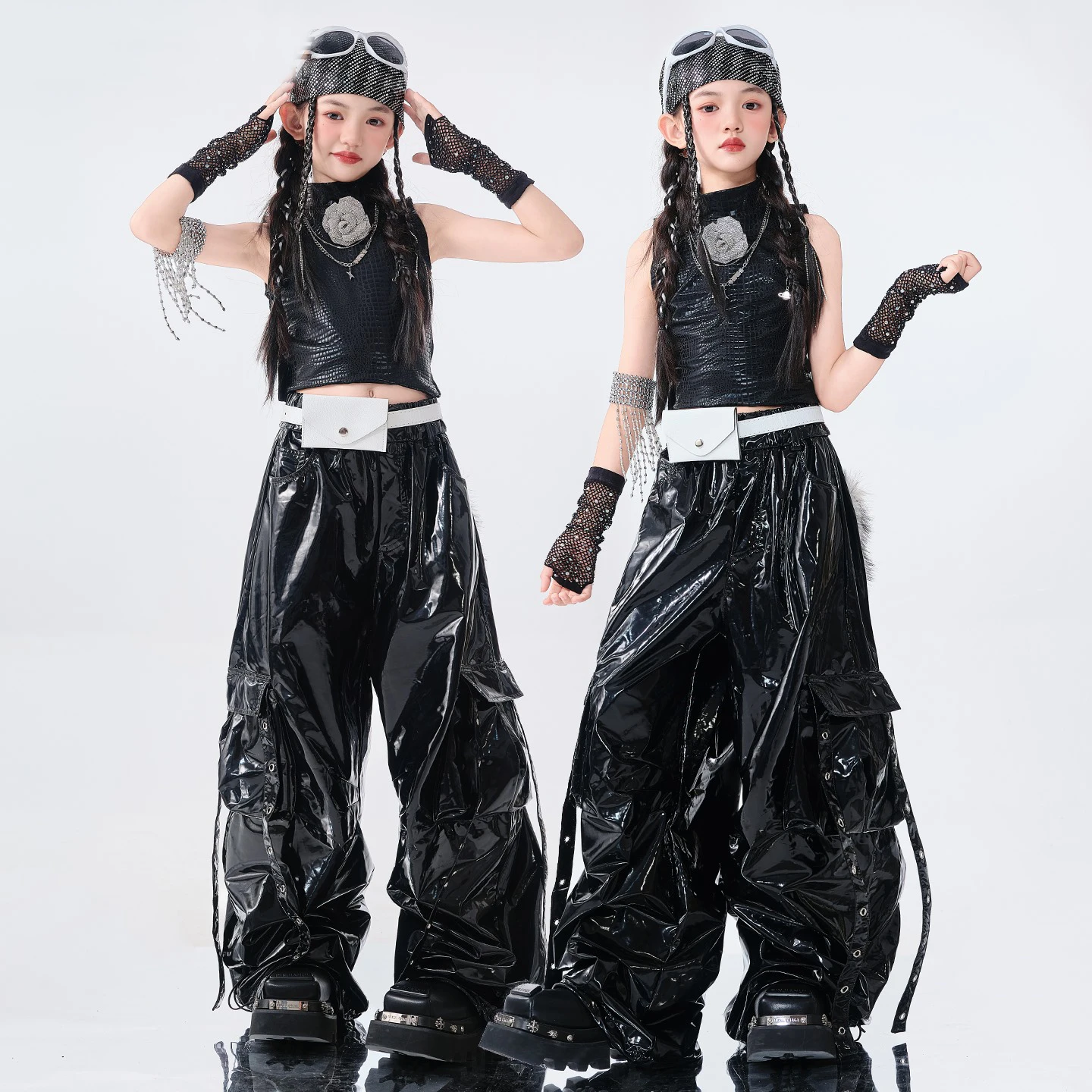 멋진 소녀 힙합 의류 블랙 민소매 탑 가죽 바지 재즈 공연 의상 그룹 Kpop 무대 댄스 착용 세트 BL16422
