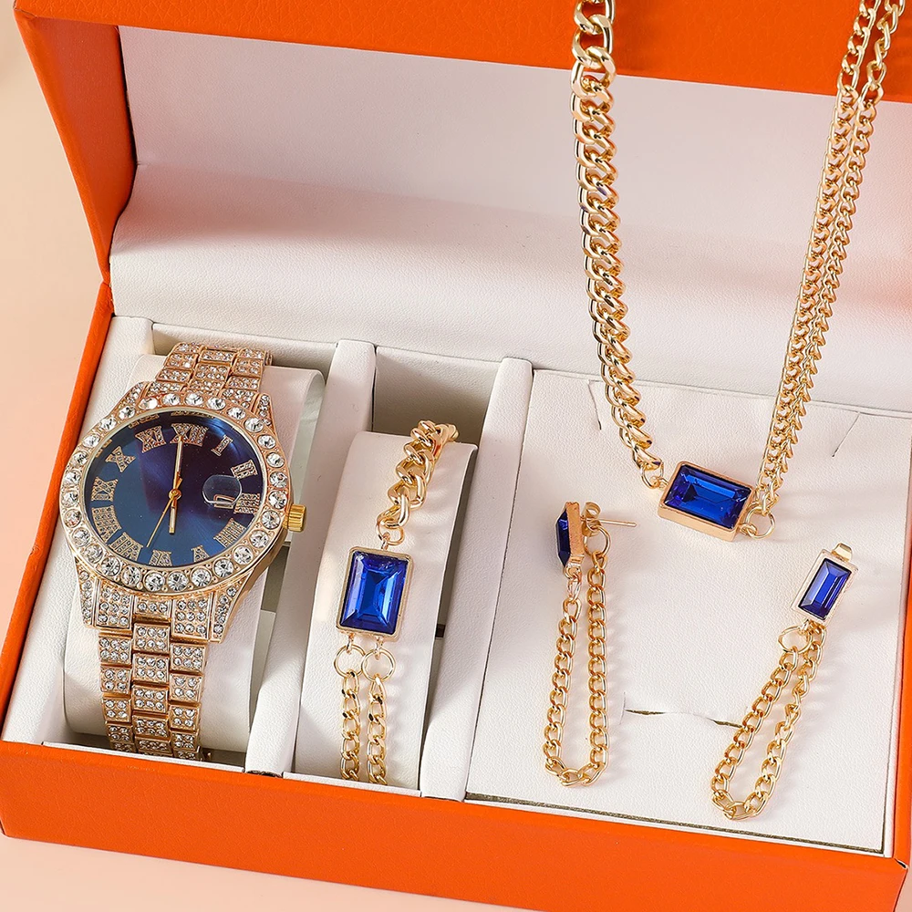 

Women Watch Jewelry Set Big Dial Iced Out Quartz Clock Luxury Rhinestone Wristwatch Crystal Necklace Bracelet Earrings With Box