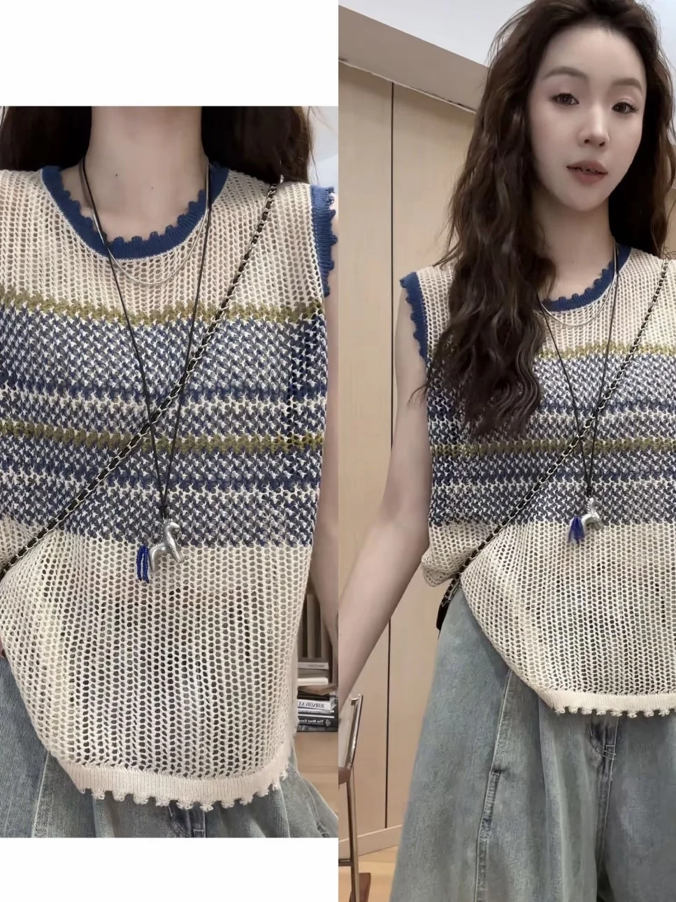 

Summer 2026 Women's Gear Knitted Vest Hollow out See through Slimming Color Block Breathable Casual Top Fashion Design