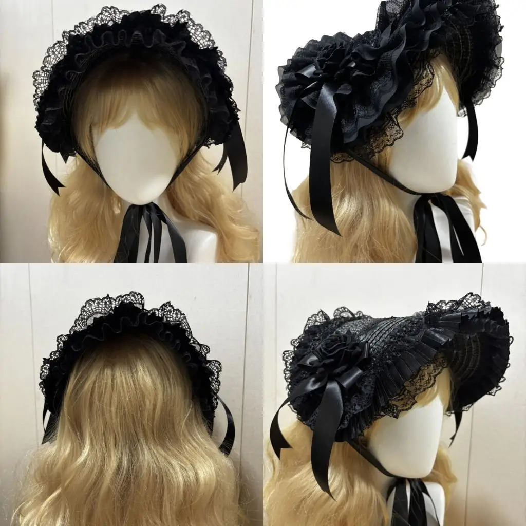 

72XE Elegant Lace Straw Hat Adjustable Neck Tie Bowknot Design Punk Theme Headpiece