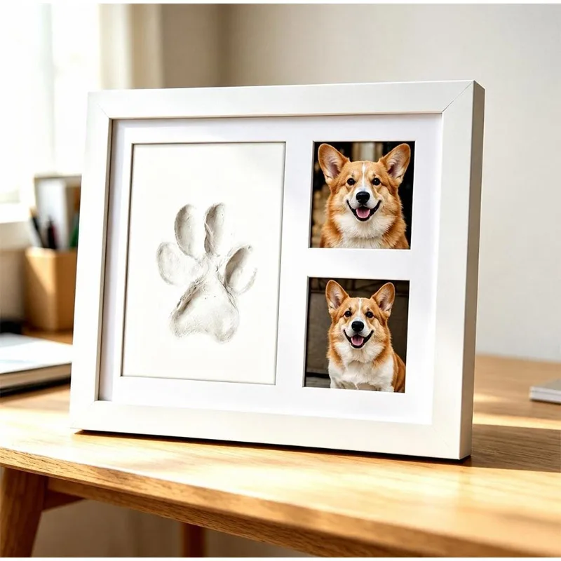 DIY Pet Paw Print Kit Frame Air Dry Clay Wooden Frame Dog Paw Print Photo Display Desktop Stand Baby Handprint Keepsake Frame