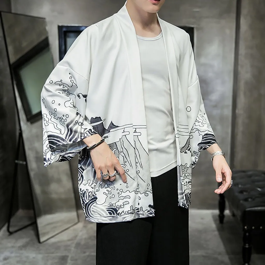 Dragon Print Kimono Shirts Japanese Haori Yukata Samurai Cardigan Men Blouse Oversize Loose Coat Kimono Cardigan Male Clothing