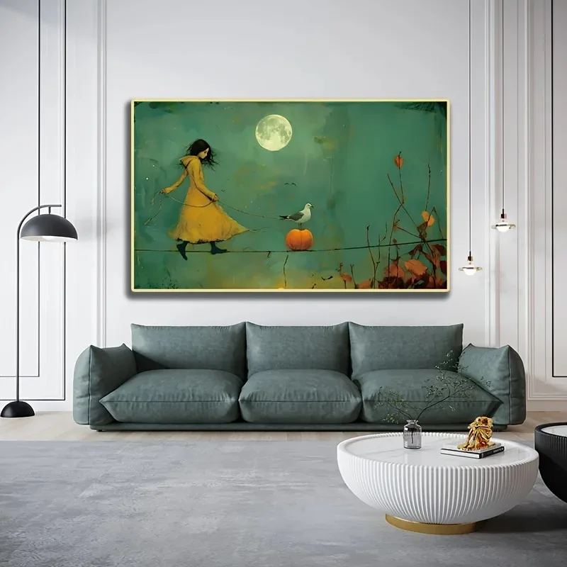 Woman Walk on Electric Wires with Bird on A Leash Poster and Prints  Canvas Painting Wall Art Picture for Living Room Home De