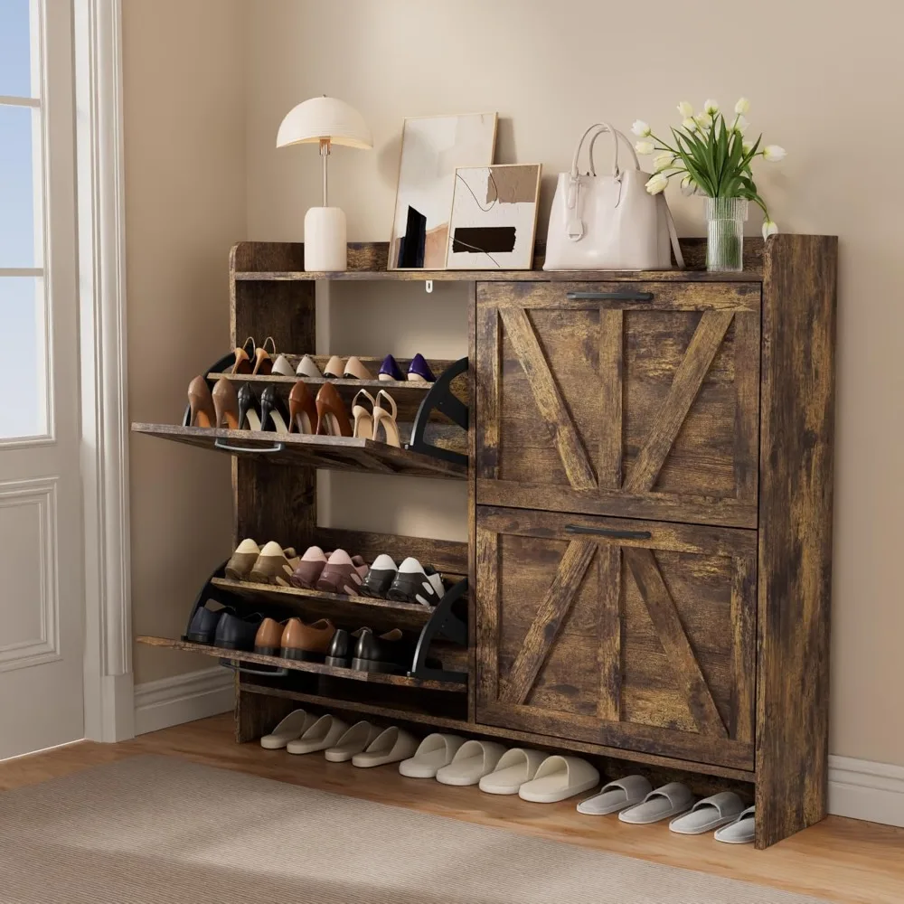 Shoe Storage Cabinet with 4 Flip Drawers, Freestanding Hidden Shoe Cabinet with Wooden Legs & Black Metal Handle for Entryway