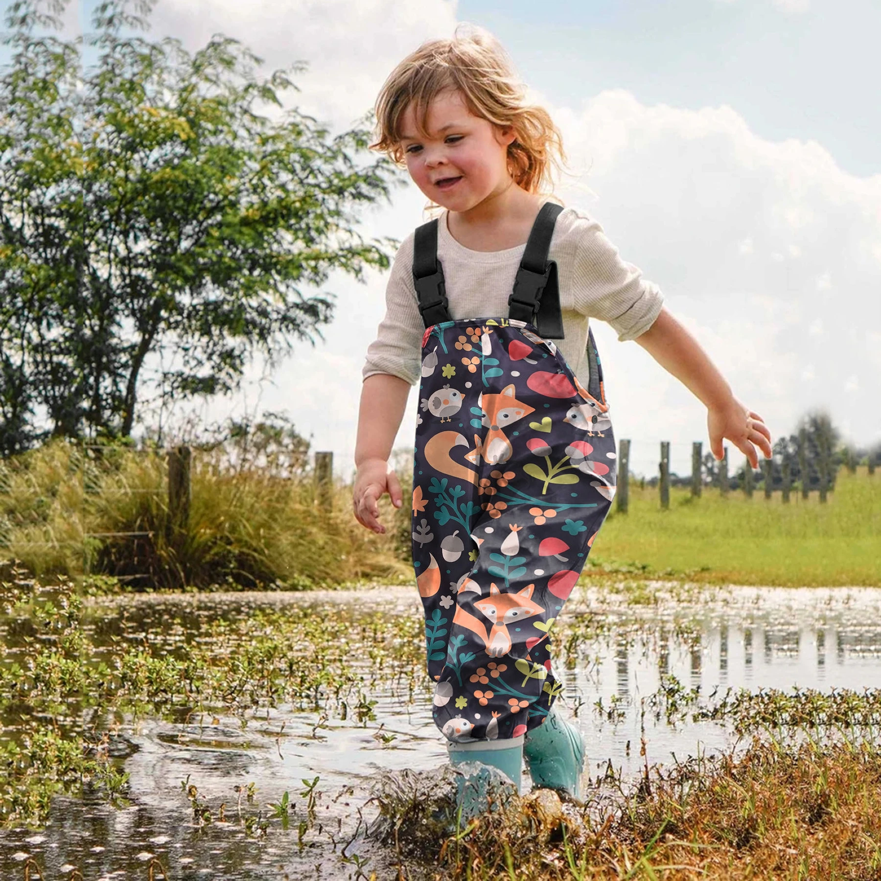 Spring and Autumn New Girl 3-11 Year Old Rain Pants Cute Printed Shoulder Straps Adjustable Casual Water and Sand Play Strap Pan