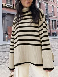 Suéter a rayas blanco y negro, ropa de calle, Tops sueltos, jersey para mujer, jersey para mujer, jersey de manga larga con cuello alto, suéteres acanalados de punto