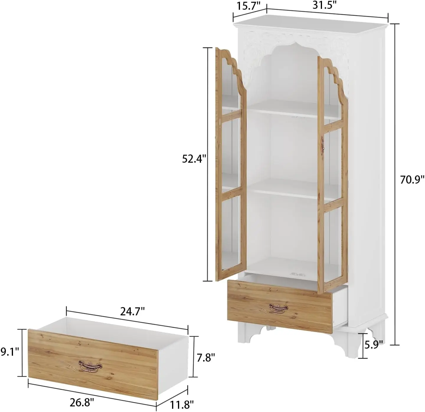 Modern 3-Tier Storage Cabinet Bookshelf with Carved Doors,Multi-Purpose Storage Cabinet with Drawer & Shelves, Versatile Storage