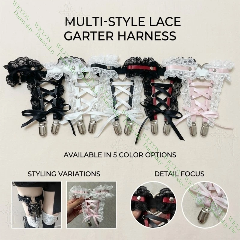 Jirai Kei Figure Ribbon Buckle Lace Heart Binding Strap Leg Garter Suspender Belt Halloween Alt Fashion Gothic Sweet Style Anime