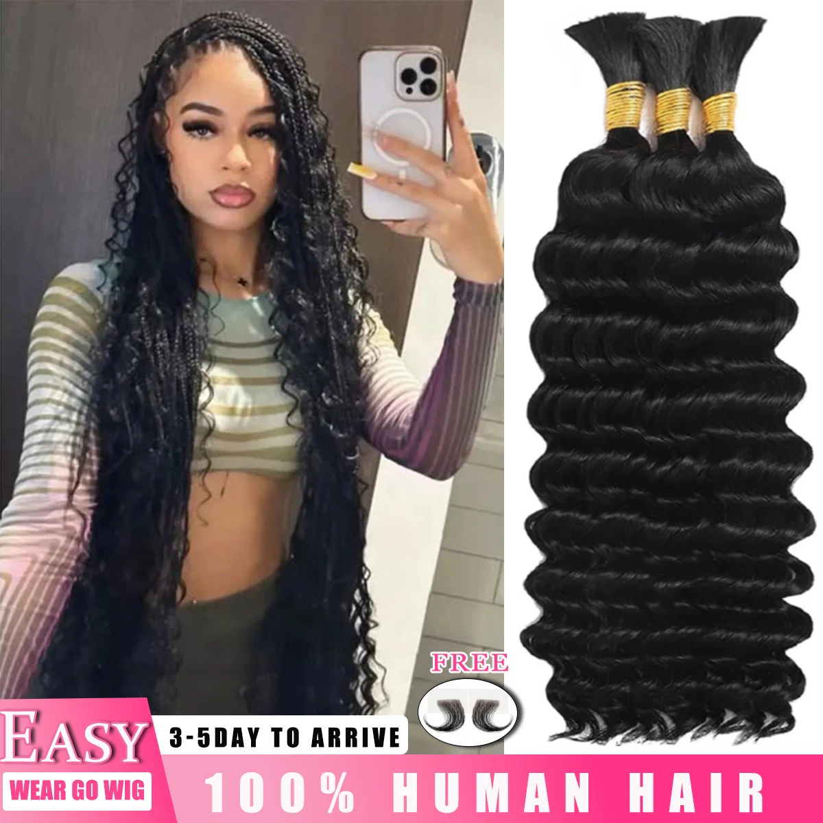 

16A Натуральные Черные Вьющиеся Глубокие Волны Плетение Волос 140 Грамм 24 Дюйма Без Утка Бразильские Девственные Человеческие Волосы Для Женщин