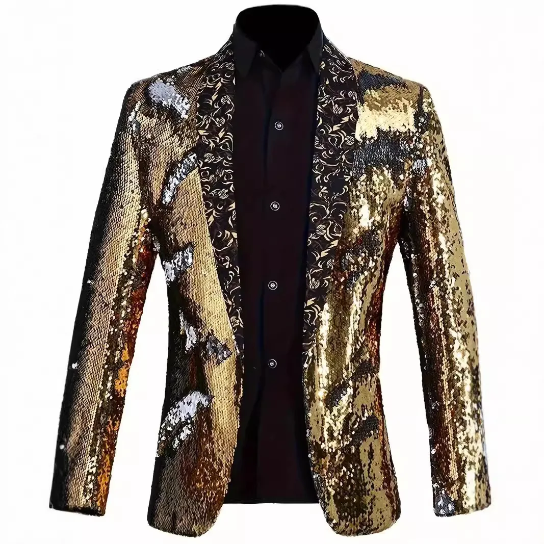 

Men's Sequined Green Fruit Collar Suit, Stage Performance Suit, Nightclub Bar Singer Top