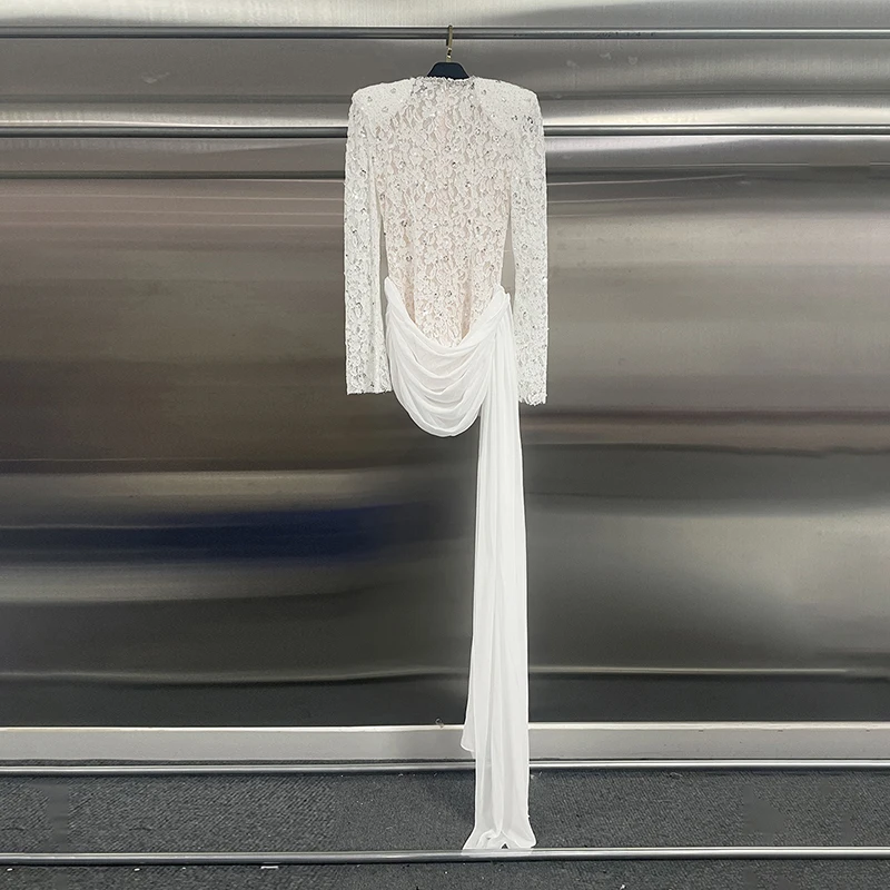 KBQ Spliced Folds Sexy Sheer Slimming Mini Dresses for Women Round Neck Long Sleeves Patchwork Sequins Dress Female Fashion New