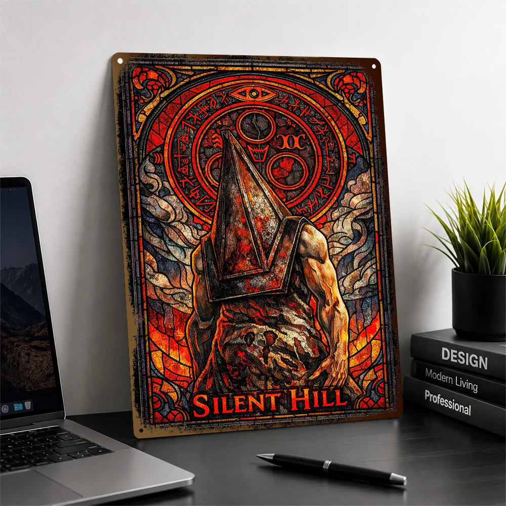 Silent Hill Pyramid Head Stained Glass Aluminum Poster Personalized Metal Sign Arcade Hero Wall Art Made For Dedicated Players