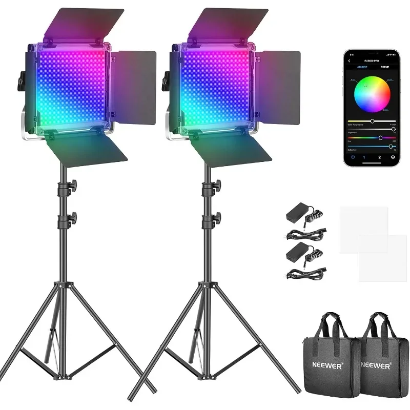 NEEWER 2 Pack 660 PRO RGB LED Video Light with App Control Stand Kit, 360° Full Color, 50W Dimmable Bi Color