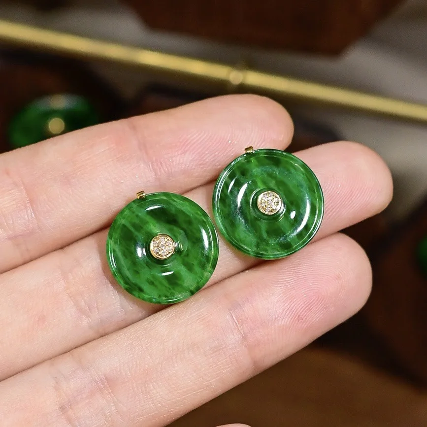 Natural Grade A Floating Flower Green Jade Earrings 18K Gold Inlay with Diamond Accent Luxury Fine Jewelry for Women