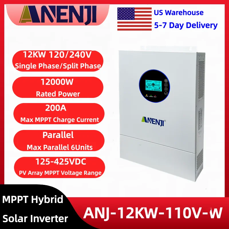 ANENJI 12KW Split Phase 120v/240v Hybrid Solar Inverter 48v Pure Sine Wave Built-in 200A MPPT Solar Charge Controller Max PV 500VDC