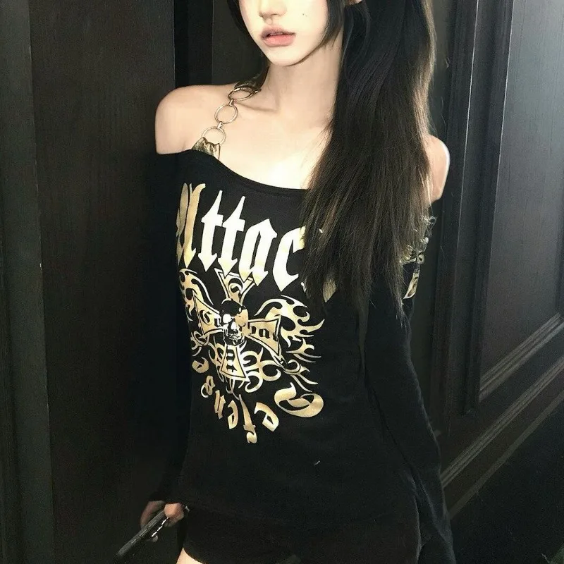 Новинка: Женский топ с открытыми плечами в стиле Shibuya Hottie Girl, с лазерной гравировкой, шикарный дизайн, субкультурный стиль, винтажные лонгсливы с длинным рукавом