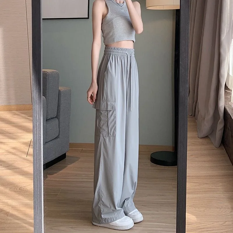 Cargo Pants Women Spring Summer Wide Leg Drawstring High Elastic Waist Pockets Full-length Quick Dry Thin Leisure Fashion Loose