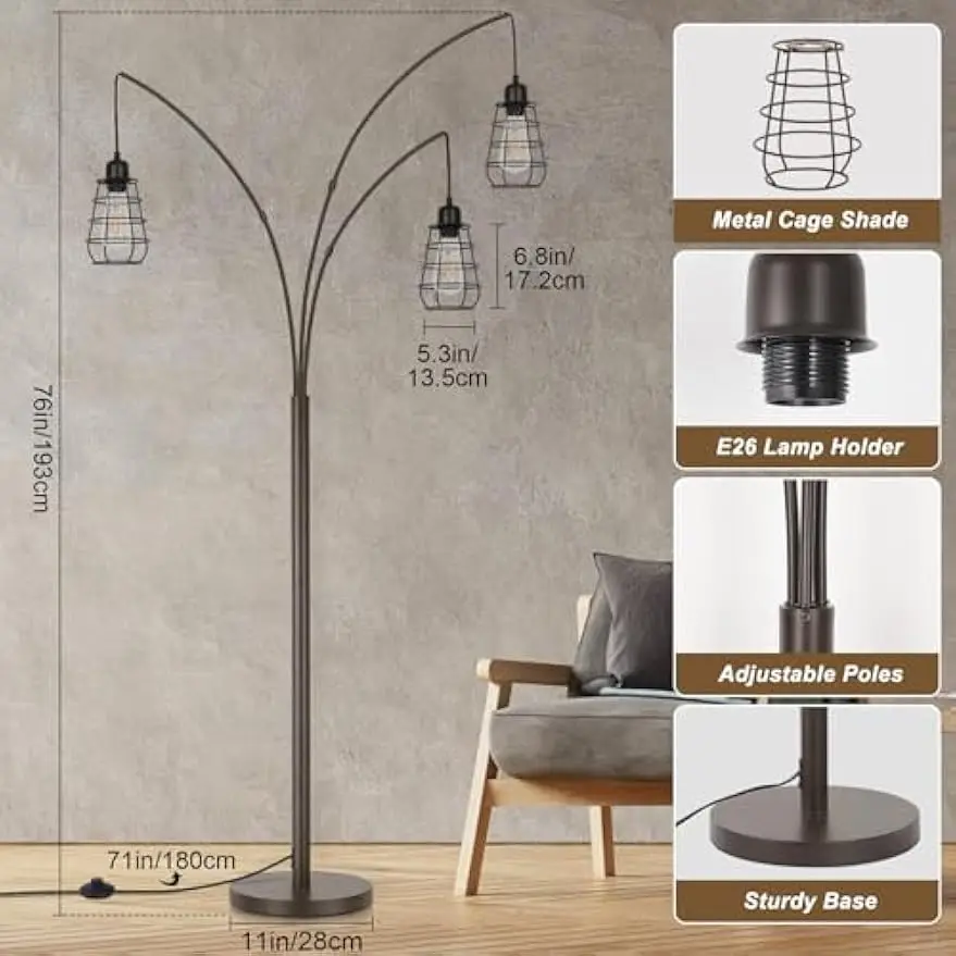 Industrial Floor Lamp, 3 Light Arc Floor Lamps for Living Room, 76 Inch Tall Standing Lamp with Metal Cage Shades & Foot Switch