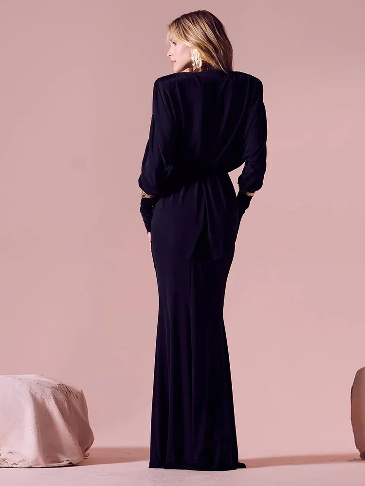 Sisterlinda Elegant Classic 2 Piece Set Concise Full Sleeve Irregular V-neck Tops+Matching Maxi Skirts Female High Street Outfit