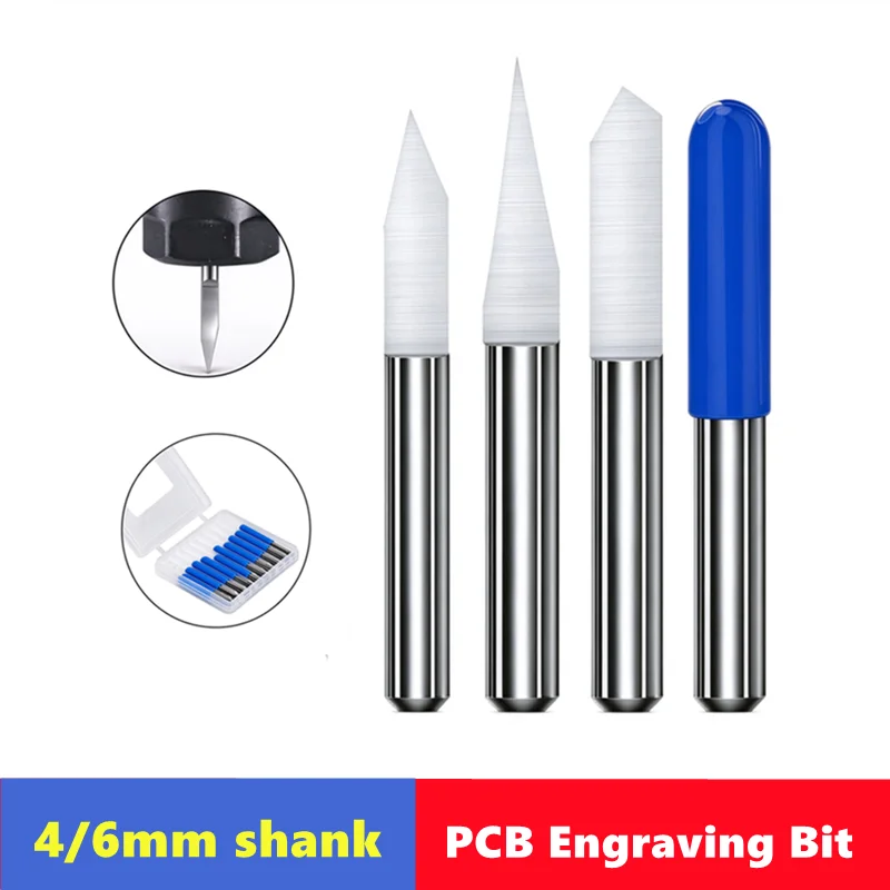 10pcs 10 °~90 ° V-shaped milling cutter 4mm/6mm shank 0.1mm 0.2mm 0.3mm alloy PCB engraving drill bit CNC engraving tool