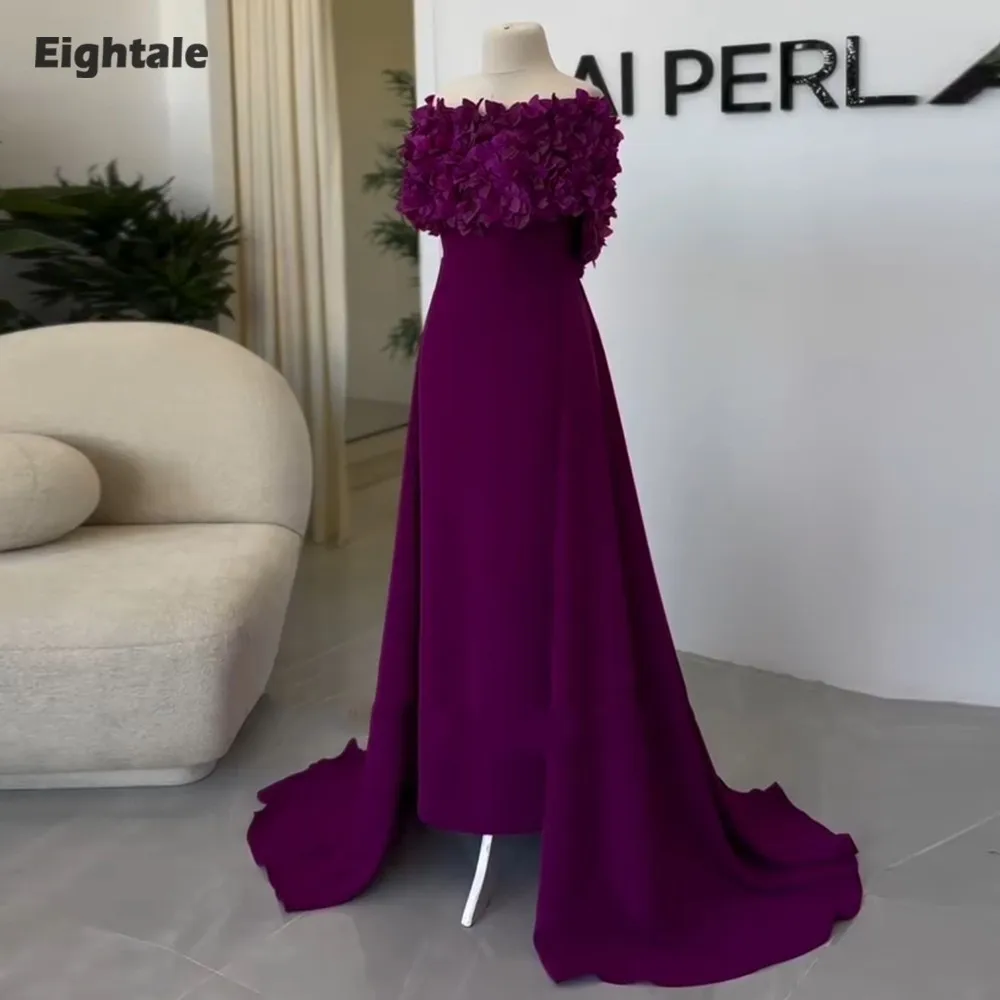 

Eightale Arabic Evening Dress for Wedding Party Strapless 3D Flowers Purple A-Line Floor Length Customized Prom Gown