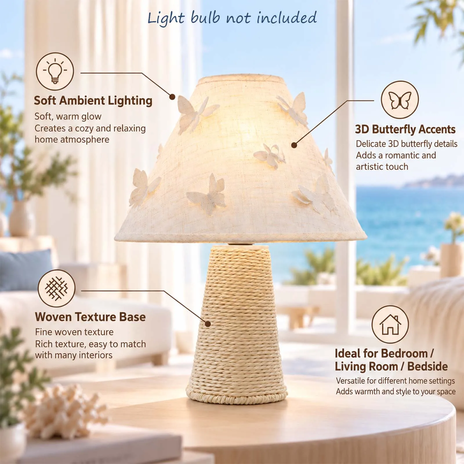 Bohemian White Woven Table Lamp with 3D Butterfly Shade for Bedroom Bedside Nightstand