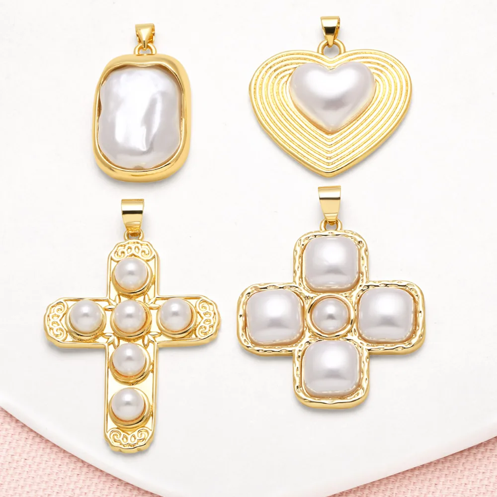 OCESRIO Faux Pearl Large Cross Pendant for Necklace Copper Gold Plated Heart DIY Purse Charm Jewelry Making Component pdtb012