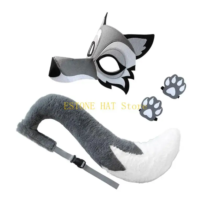 49MF Wolf Costume for Kid Adult Include Wolf Face Mask Wolf Tail Wolf Clwas Gloves