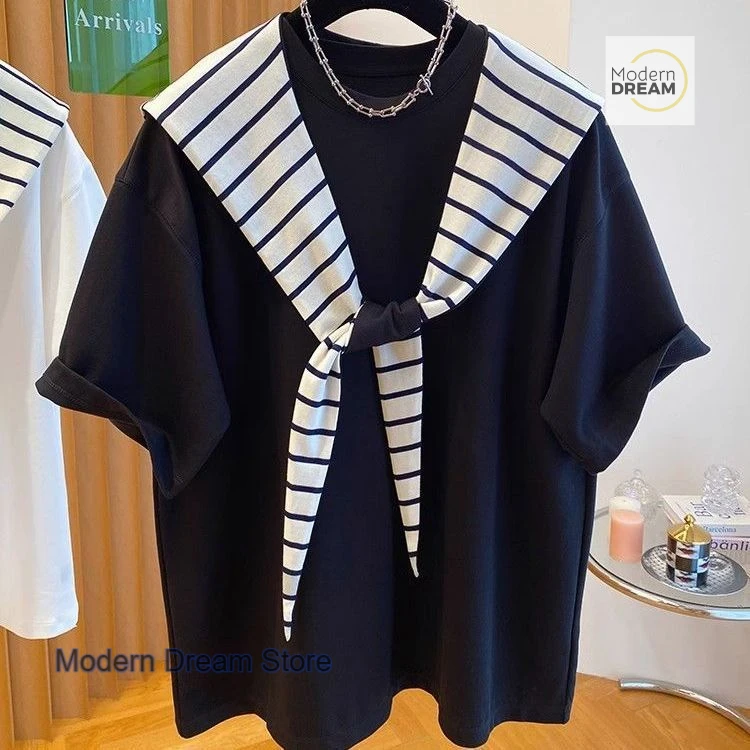 Korean plus-size loose striped shawl short-sleeved T-shirt women's summer new fashion high-grade casual fake two tops