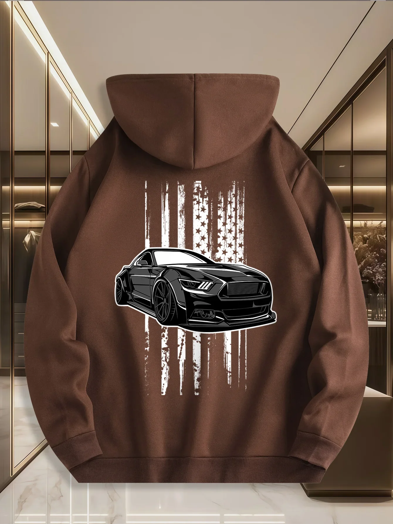 Vintage American Muscle Car With Distressed Flag Graphic Hoodie Men Women Street Back Print Loose Sweatshirt