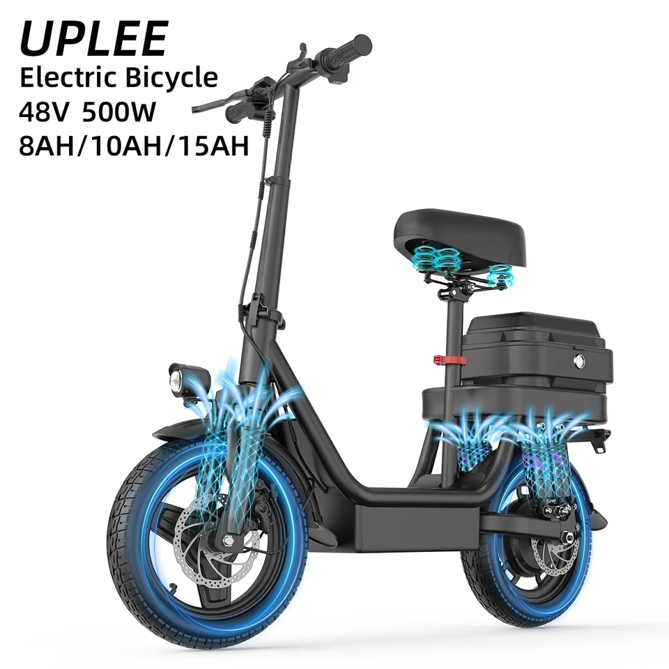 UPLEE Adult Electric Bike 500W Peak Motor 48V 15AH Electric Scooter 14 Inch Fat Tire Full Shock Foldable with Trunk E Bike image 1