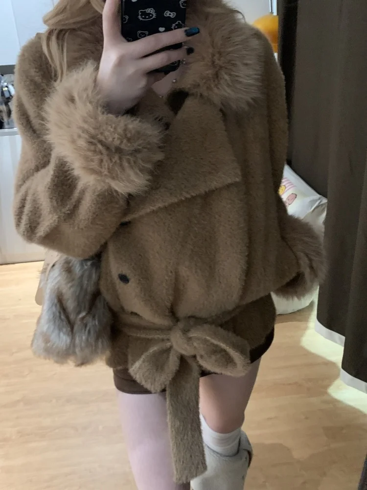 

Утепленное короткое пальто Batobe для женщин, осенне-зимняя винтажная одежда, с меховым воротником, в корейском стиле, кофейного цвета, верхняя одежда