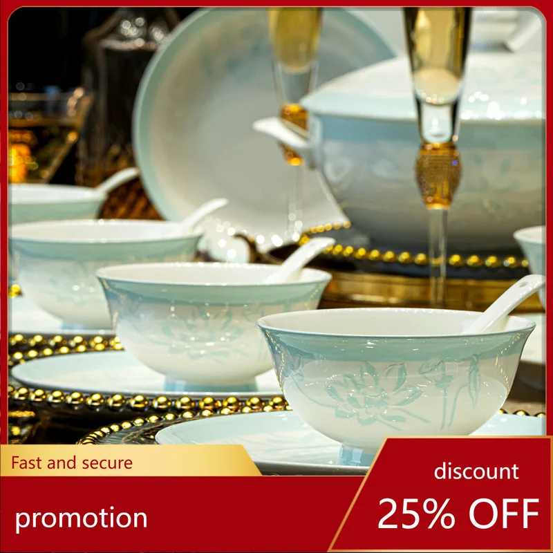HT custom-made underglaze ceramic tableware set, Chinese-style bowls, chopsticks, plates, and dishes set