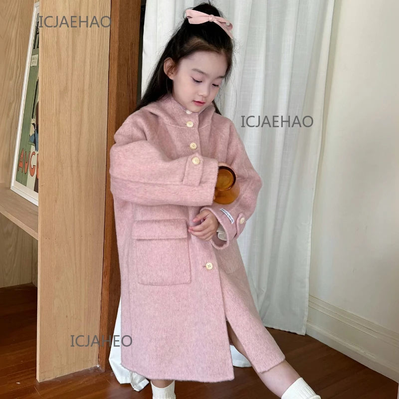 

Teen Girl Clothes Kids Wool Double Faced Costume Girls Peach Pink Long Hooded Coat Children Handmade Matching Winter Outerwear