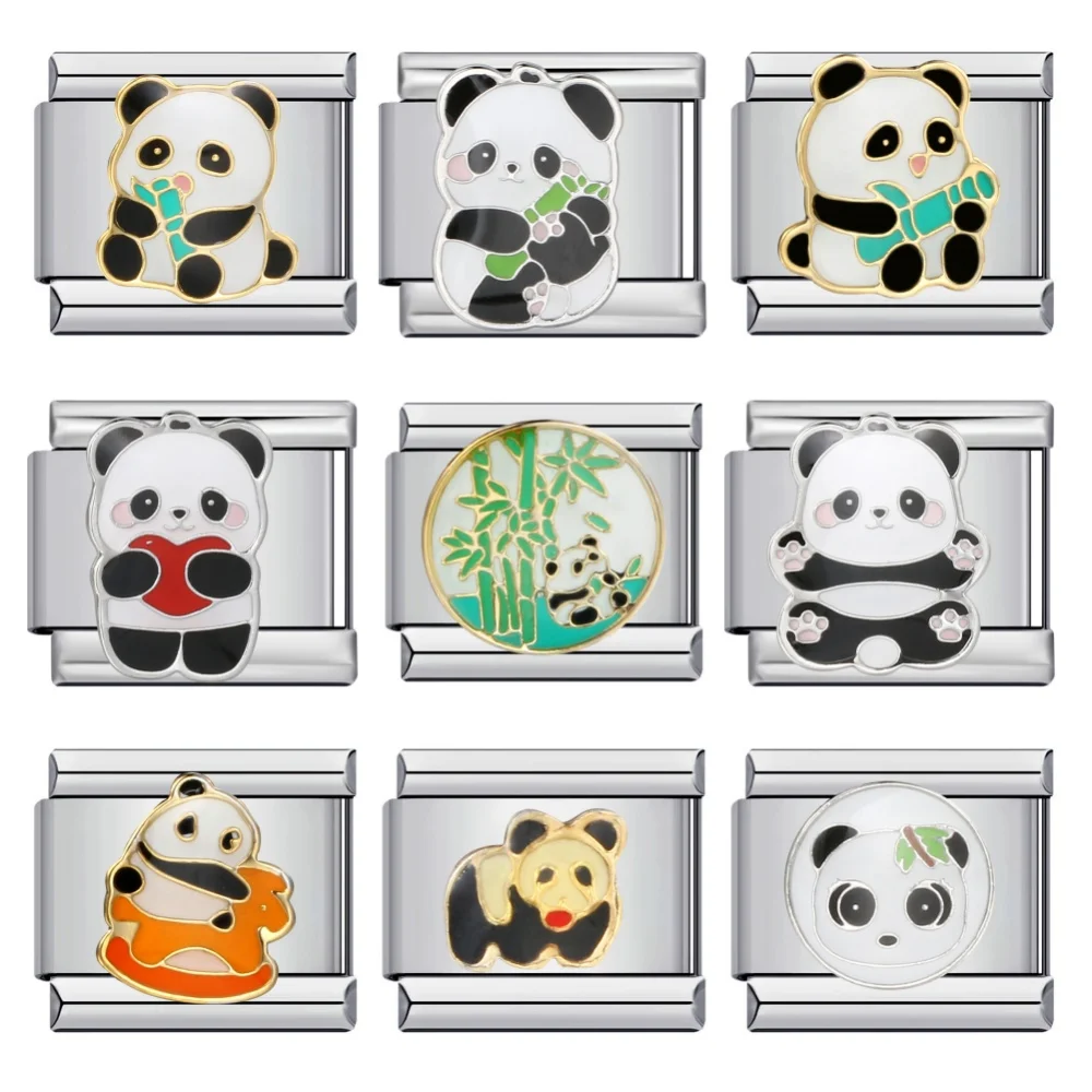 Fashion Colorful Cute Chinese Panda Italian Link Fit 9mm Stainless Steel Charm Bracelet Making DIY Women Men Jewelry Accessories