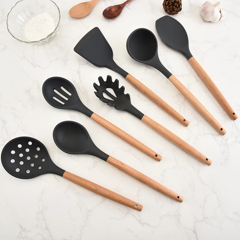 Silicone Kitchen Cooking Spatula Spade Turner Soup Spoon With Wooden Handle Baking Tools