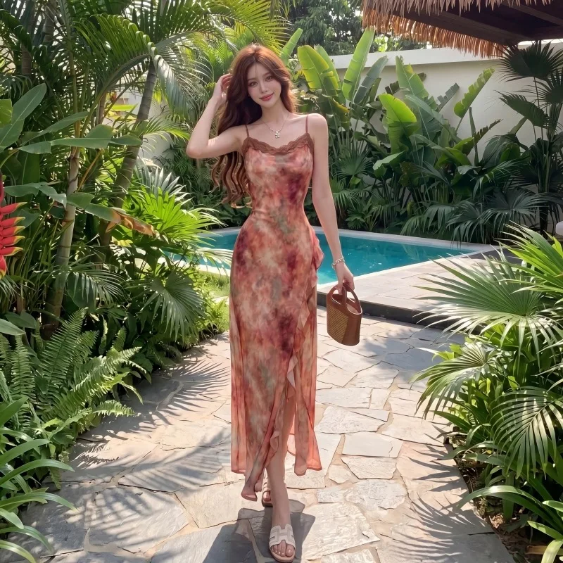 Vintage Oil Tie-dye Print Orange Slip Maxi Dress Lace Trim Cami Dress With Ruffle Slit Hem For Women Casual Summer Vacation Wear
