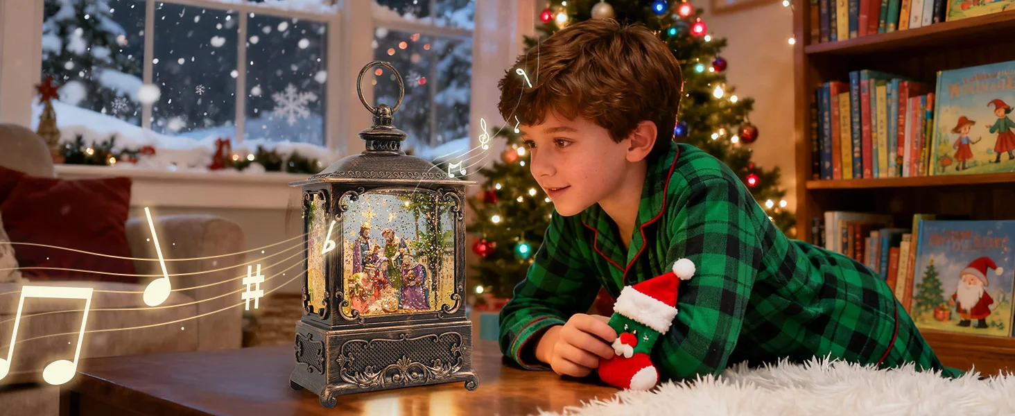 Рождественский музыкальный фонарь с двусторонним питанием, снежный шар с батарейкой/USB и успокаивающими мелодиями для дома, спальни и праздничного подарка