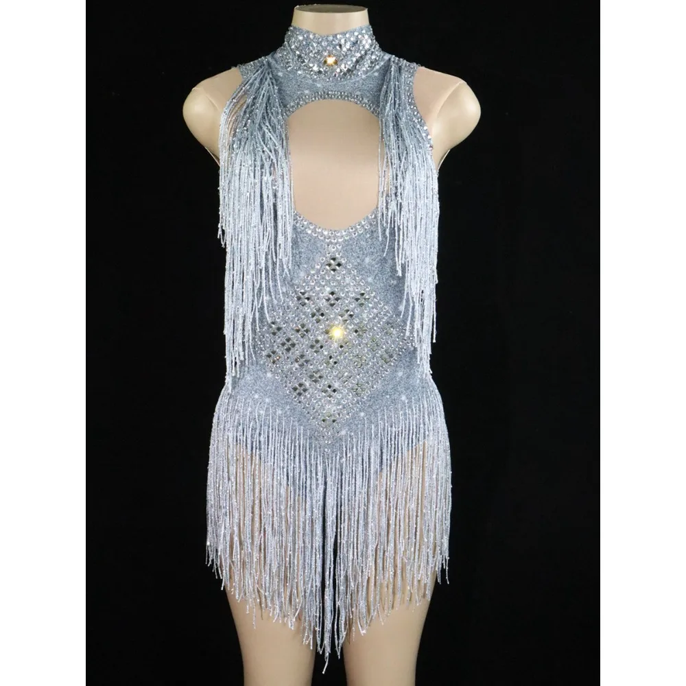 생일 파티 섹시한 무대 쇼 의상 바 Dj 터틀넥 다이아몬드 프린지 스트레치 Onesie 스커트 Vestidos Elegantes Mujer De Fiesta