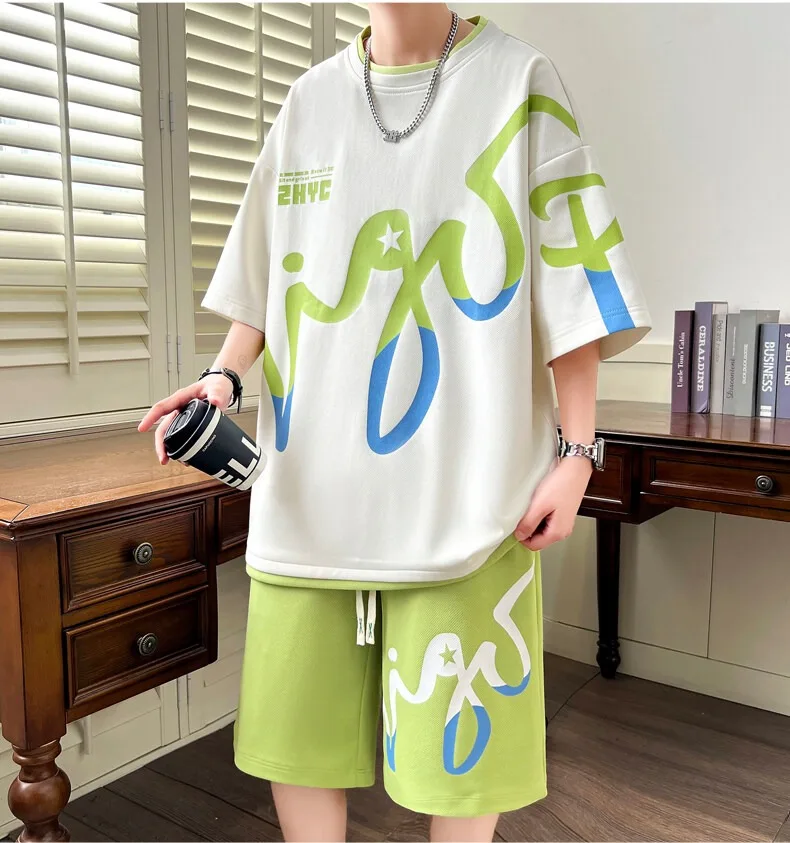 2024 Summer Men\'s Sets Korean Fashion Two Piece Set Tracksuit Men Trend Men Clothing Joggers Set T Shirt+Shorts Outfit Set Men