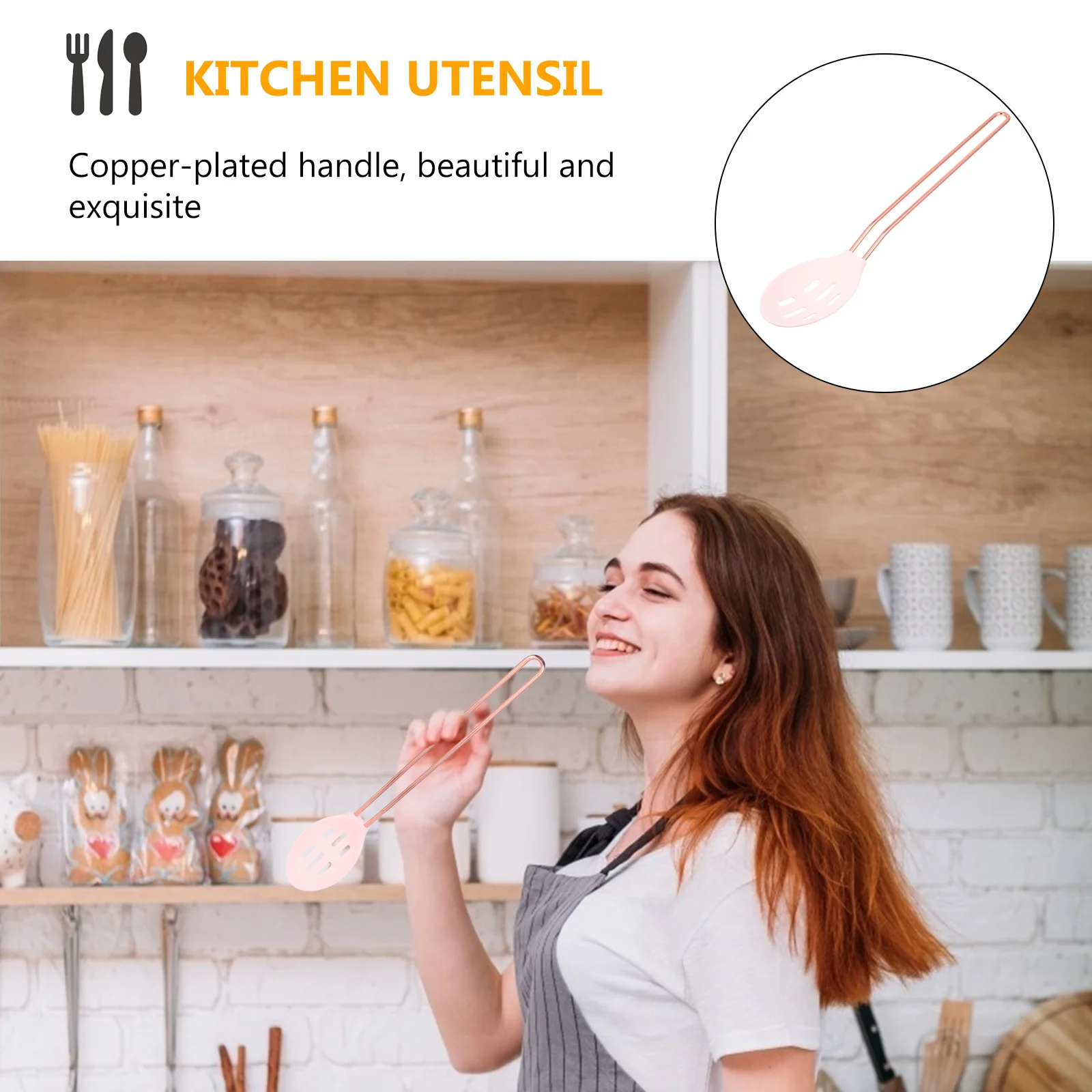 

Slotted Spoon Non Stick Baking Serving Spoon Thick Copper Plated Handle Easy Clean Kitchen Utensil Gadget Home
