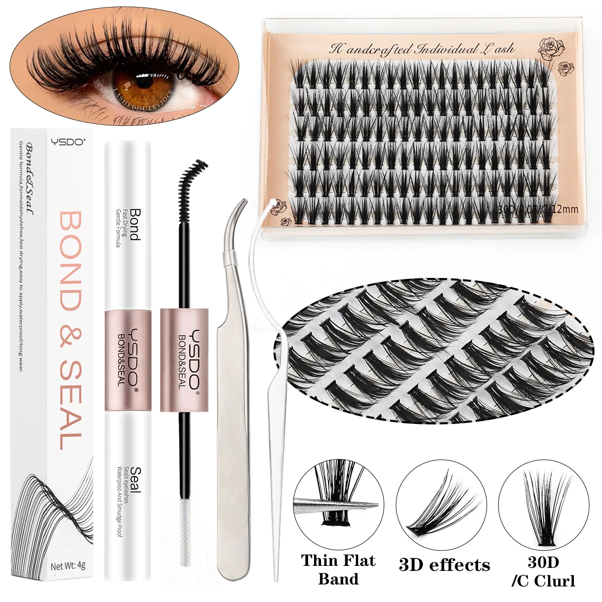 10D/20D/30D Eyelash Clusters Kit DIY Lash Extension Lash Bond and Seal and Tweezer with Waterproof Strong Hold Individual Lashes